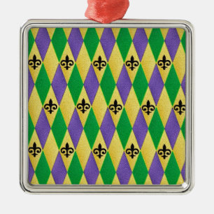 Mardi Gras Harlequin Fleur De Lis Metal Ornament