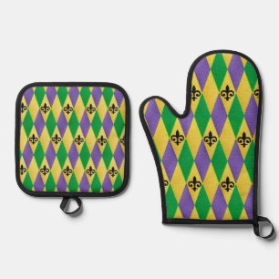 Mardi Gras Harlequin Fleur De Lis Oven Mitt & Pot Holder Set