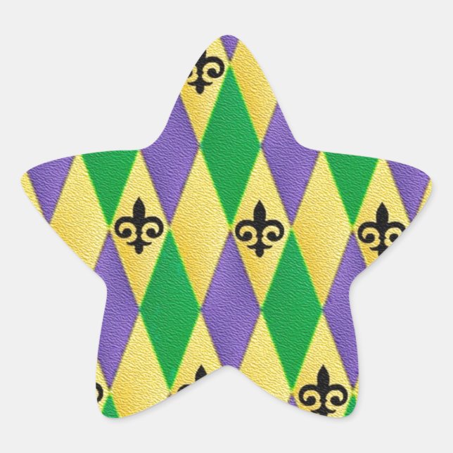 Mardi Gras Harlequin Fleur De Lis Star Sticker (Front)