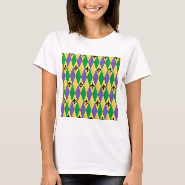 Mardi Gras Harlequin Fleur De Lis T-Shirt (Front)