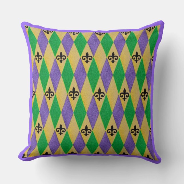 Mardi Gras Harlequin Fleur De Lis Throw Pillow (Front)