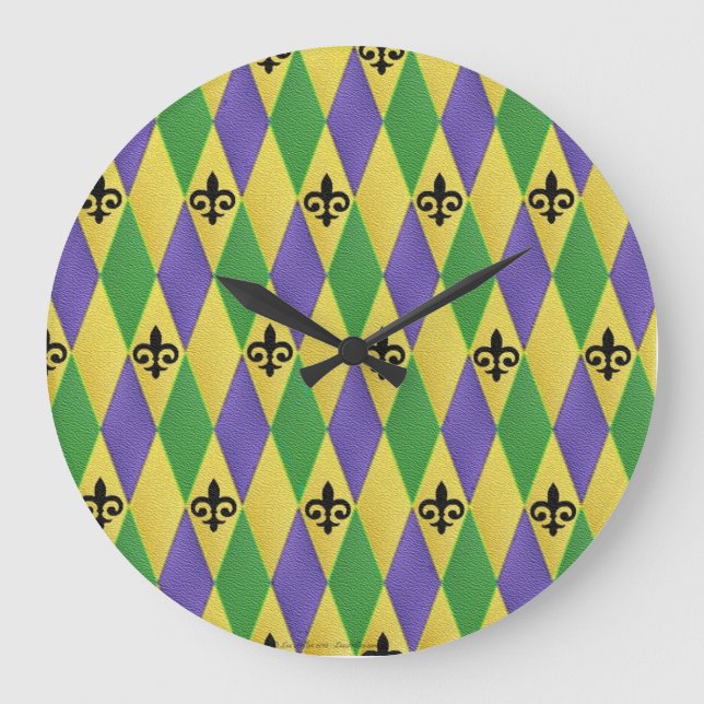 Mardi Gras Harlequin Fleur De Lis Wall Clock (Front)