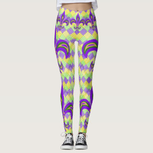 Mardi Gras Harlequin Pattern and Fleur de Lis Leggings