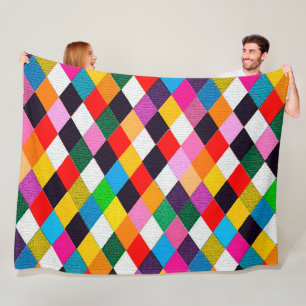 MARDI GRAS HARLEQUIN PATTERN Colourful Rhombi Fleece Blanket