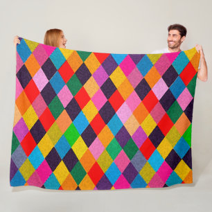 MARDI GRAS HARLEQUIN PATTERN Colourful Rhombi  Fleece Blanket