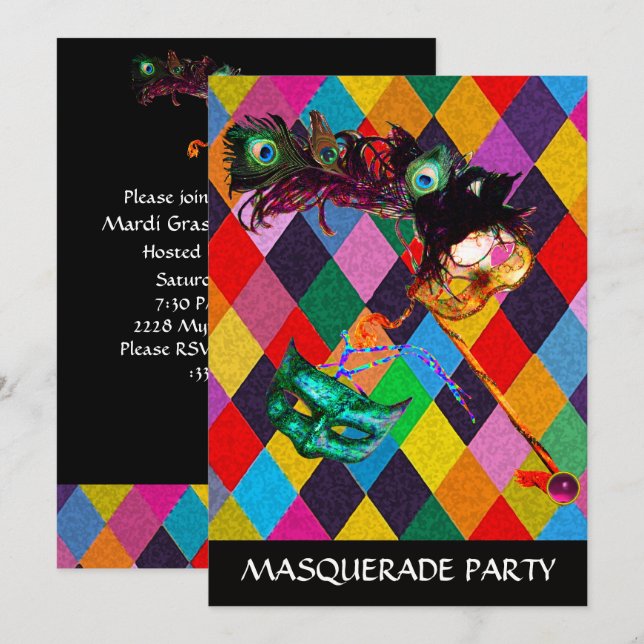 MARDI GRAS HARLEQUIN PATTERN Colourful Rhombi  Invitation (Front/Back)