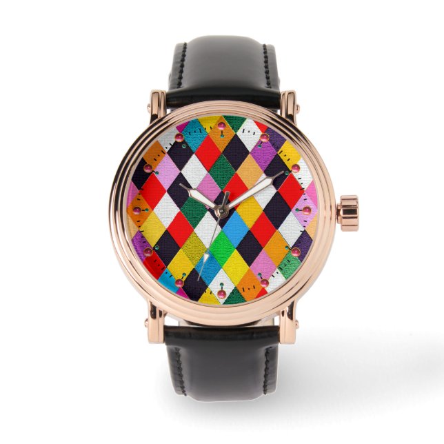 MARDI GRAS HARLEQUIN PATTERN Colourful Rhombi Watch (Front)