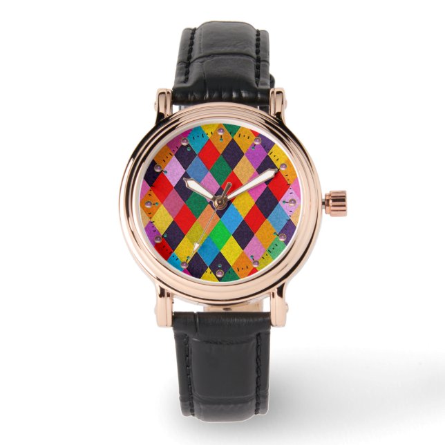 MARDI GRAS HARLEQUIN PATTERN Colourful Rhombi  Watch (Front)