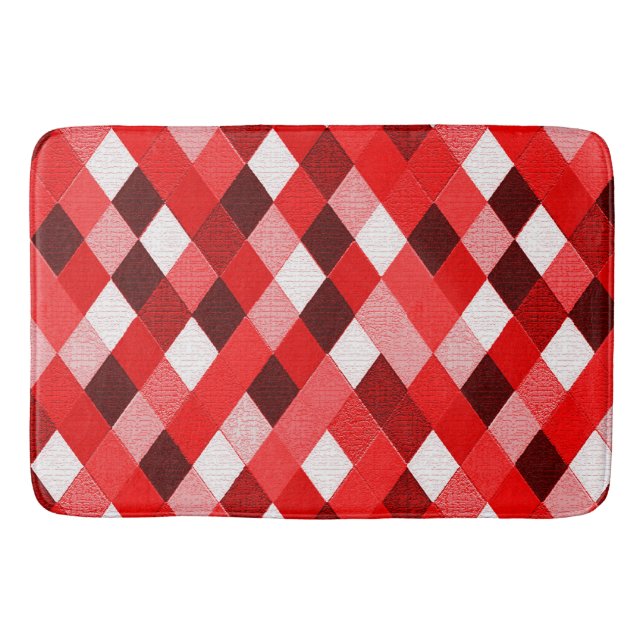 MARDI GRAS HARLEQUIN PATTERN Red Pink White Rhombi Bath Mat (Front)