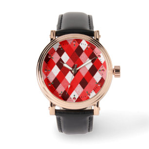 MARDI GRAS HARLEQUIN PATTERN Red Pink White Rhombi Watch