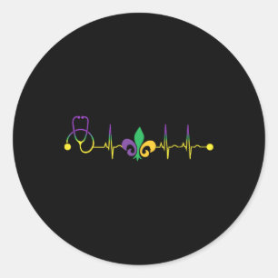 Mardi Gras Heartbeat Stethoscope Scrub Rn Nurse Ma Classic Round Sticker