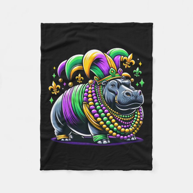 Mardi Gras Hippo Jester  Fleece Blanket (Front)