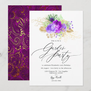 Mardi Gras Inspired Purple and Gold Floral Garden  Invitation