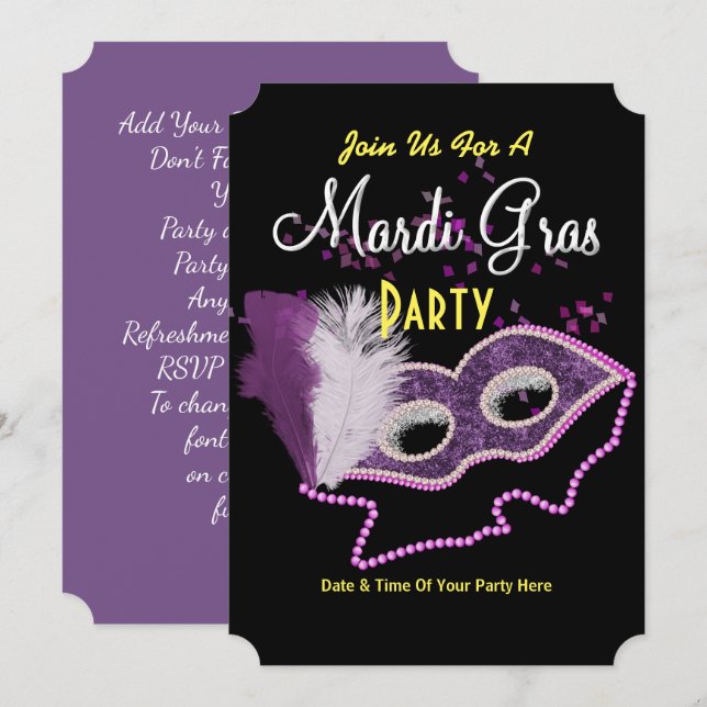 Mardi Gras Invitation Fancy Mask Party (Devant / Derrière)