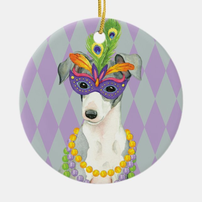 Mardi Gras Italian Greyhound Ceramic Ornament (Front)