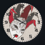 Mardi Gras Jester Mask Venetian Carnival Large Clock<br><div class="desc">Keep track of time with a touch of mystery using this Mardi Gras jester mask wall clock. This decorative timepiece features a detailed red and black Venetian mask illustration set against an ornate paisley pattern. It is a perfect functional art piece for a game room, home office, or any space...</div>