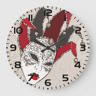 Mardi Gras Jester Mask Venetian Carnival Large Clock