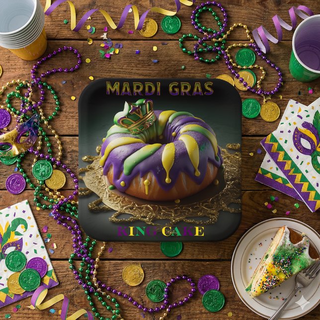 Mardi Gras King Cake With Crown Paper Plate (Creator Uploaded)