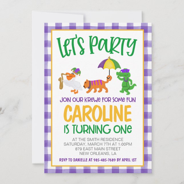 Mardi Gras Krewe First Birthday Invitation (Front)