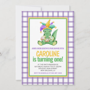 Mardi Gras Krewe Gator King Cake First Birthday Invitation