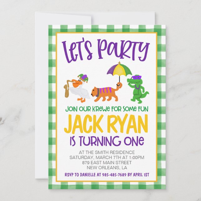 Mardi Gras Krewe Invitation pour le premier annive (Devant)