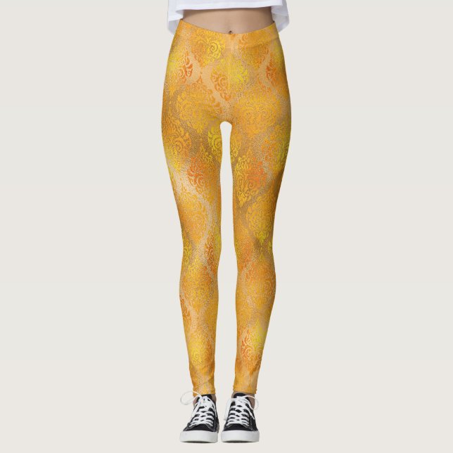 Mardi Gras Leggings, Golden Damask Pattern Leggings (Front)