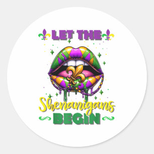 Mardi Gras Let The Shenanigans Begin Lips Kids Men Classic Round Sticker