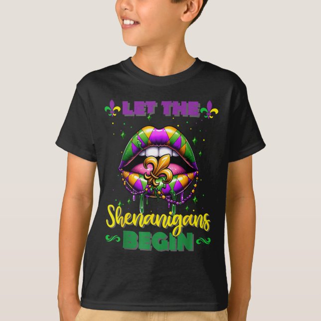 Mardi Gras Let The Shenanigans Begin Lips Kids Men T-Shirt (Front)