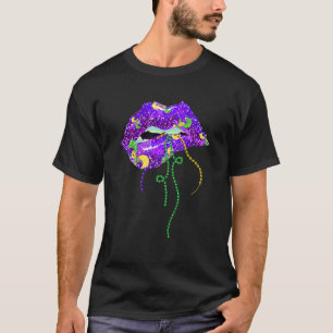Mardi Gras Lips Carnival Costume Purple & Gold Fle T-Shirt