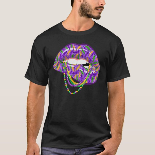 Mardi Gras Lips Fleur De Lys Fat Tuesday Parade T-Shirt (Front)
