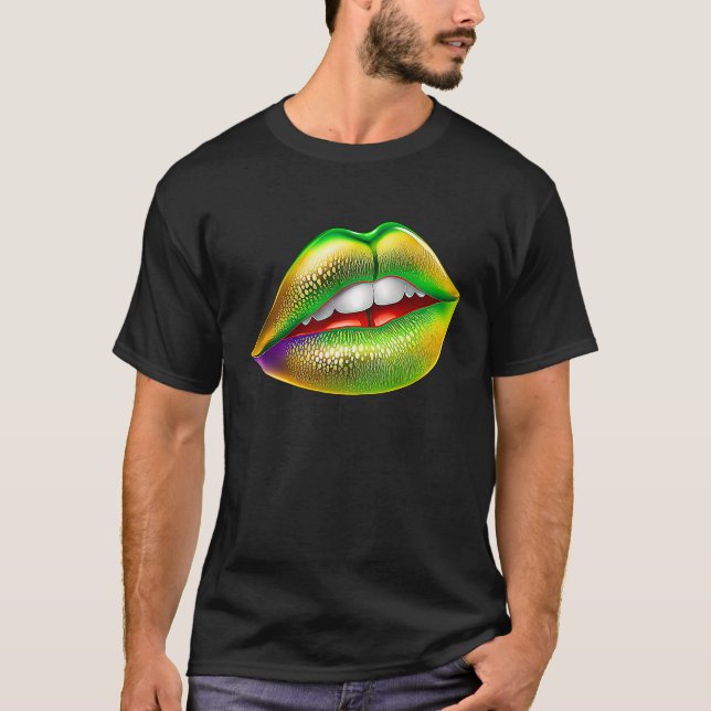 Mardi Gras Lips Green Purple & Gold  1 T-Shirt (Front)