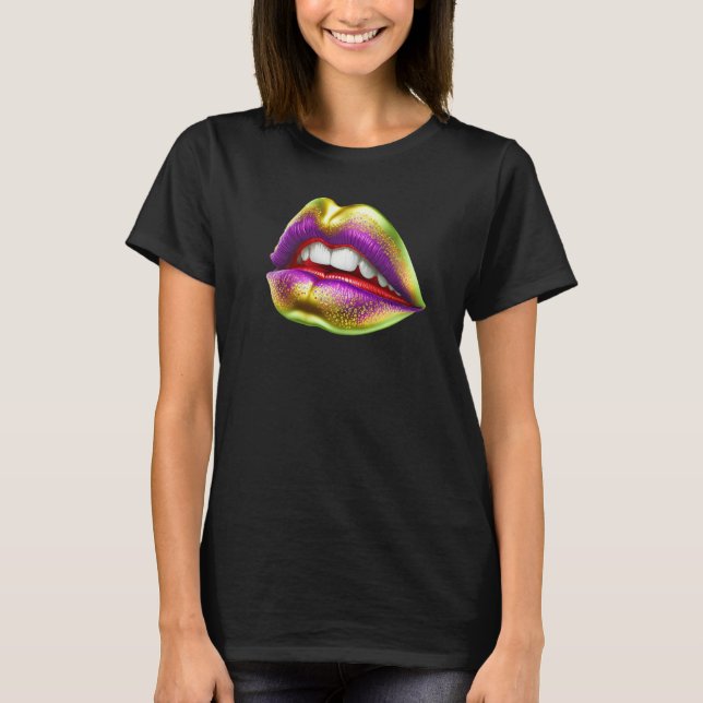 Mardi Gras Lips Green Purple & Gold T-Shirt (Front)