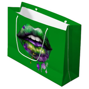 MARDI GRAS LIPS IN PURPLE GOLD GREEN  LARGE GIFT BAG