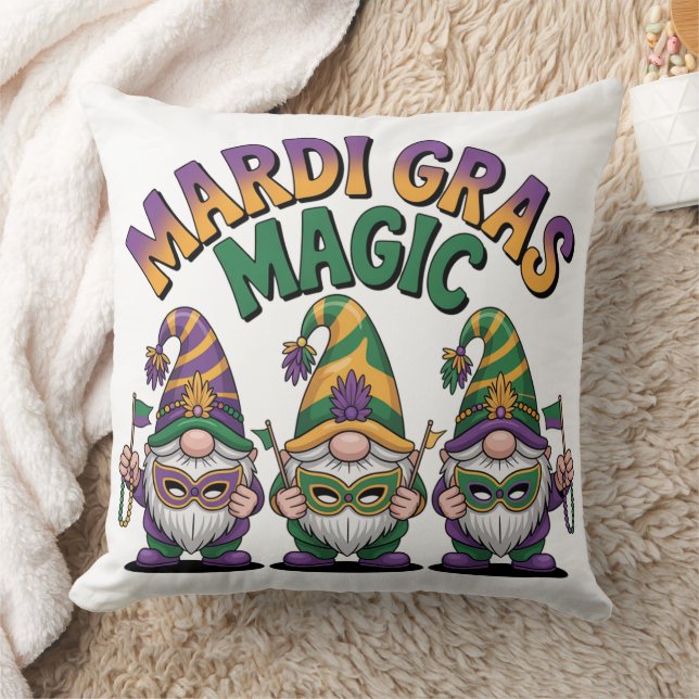 Mardi Gras Magic Gnomes Throw Pillow (Blanket)