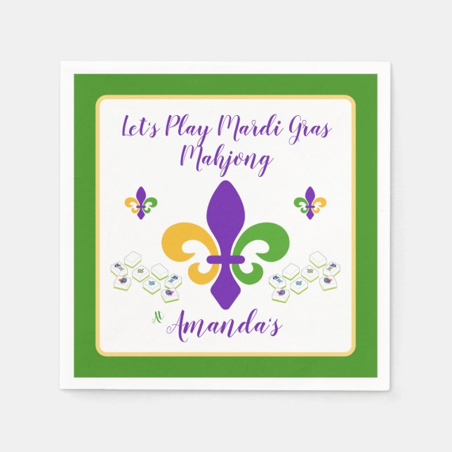 Mardi Gras Mahjong NAME Green Gold Purple Fleur de Napkin (Front)