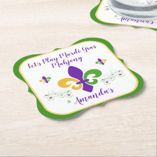 Mardi Gras Mahjong NAME Green Gold Purple Fleur de Paper Coaster