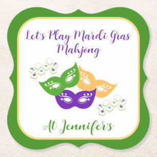 Mardi Gras Mahjong PERSONALIZE Green Gold Purple  Paper Coaster
