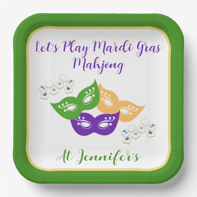 Mardi Gras Mahjong PERSONALIZE Green Gold Purple  Paper Plate (Front)