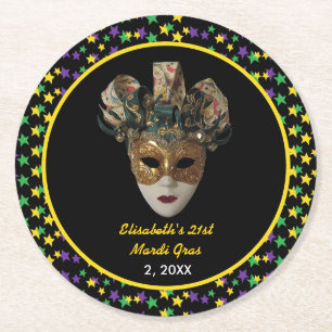 Mardi Gras Mask  21st Birthday Party Round Paper Coaster