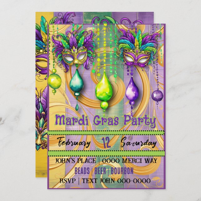 Mardi Gras Mask and Beads Party Invitation (Front/Back)