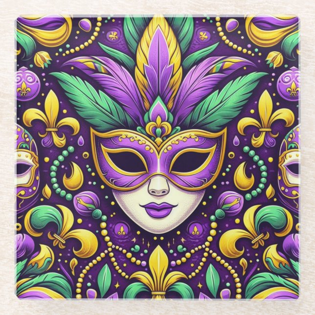Mardi Gras mask/beads/fleur de lis Glass Coaster (Front)