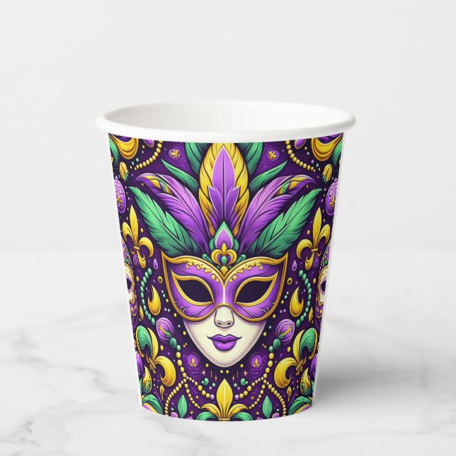 Mardi Gras mask/beads/fleur de lis Paper Cups (Front)