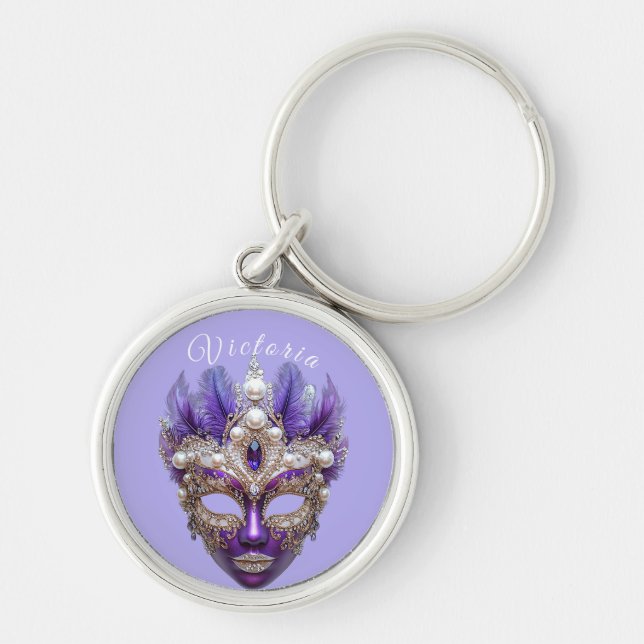 Mardi Gras Mask Elegant Pearls Feathers Gems Keychain (Front)