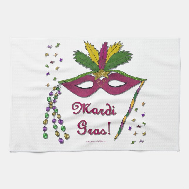 Mardi Gras Mask Feather Beads Kitchen Towel (Horizontal)