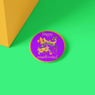 Mardi Gras Mask Fleur de Lis Beads King Cake 1 Inch Round Button