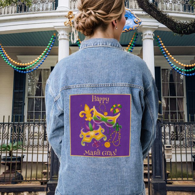 Mardi Gras Mask Fleur de Lis Beads King Cake Denim Jacket (Creator Uploaded)