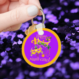 Mardi Gras Mask Fleur de Lis Beads King Cake Keychain
