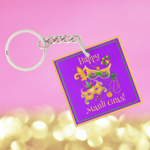Mardi Gras Mask Fleur de Lis Beads King Cake Keychain