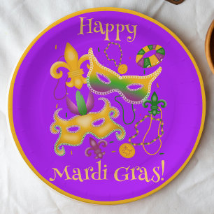 Mardi Gras Mask Fleur de Lis Beads King Cake Paper Plate