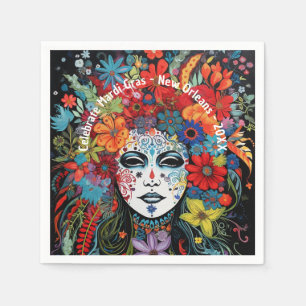 Mardi Gras Mask & Headdress Custom Text Party Napkin